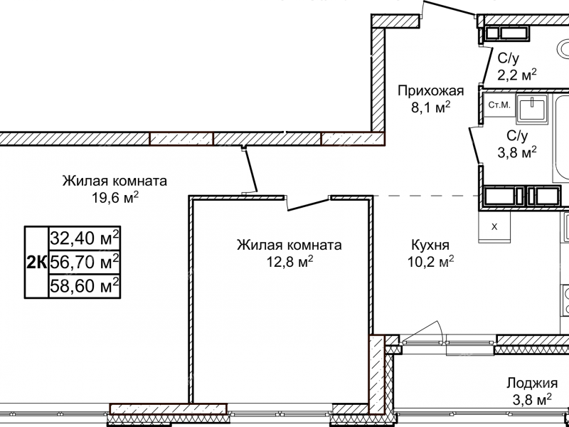 двухкомнатная квартира в ЖК Новое Ольгино, дом 1