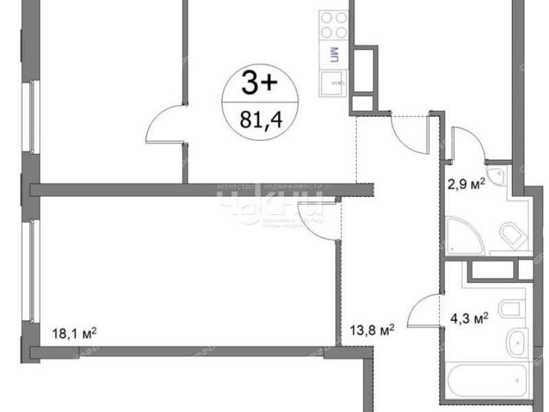трёхкомнатная квартира в новостройке на улице Сергея Акимова